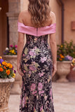 Vestido largo de fiesta rosa y negro con flores, lentejuelas, hombros descubiertos, corte sirena, lazo y abertura