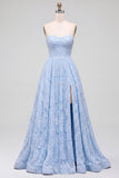 Vestido largo de fiesta azul con flores, cuentas, sin tirantes y abertura