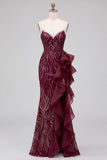 Vestido largo de fiesta burdeos con lentejuelas, corte sirena, volantes y abertura sin tirantes