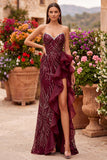 Vestido largo de fiesta burdeos con lentejuelas, corte sirena, volantes y abertura sin tirantes