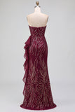 Vestido largo de fiesta burdeos con lentejuelas, corte sirena, volantes y abertura sin tirantes