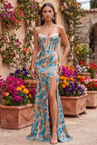 Vestido largo de fiesta azul floral con lentejuelas de corte sirena sin tirantes y con abertura