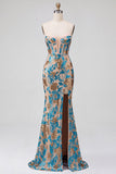 Vestido largo de fiesta azul floral con lentejuelas de corte sirena sin tirantes y con abertura