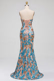Vestido largo de fiesta azul floral con lentejuelas de corte sirena sin tirantes y con abertura