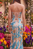 Vestido largo de fiesta azul floral con lentejuelas de corte sirena sin tirantes y con abertura