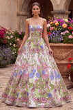 Vestido largo de fiesta rosa floral bordado de corte en línea A sin tirantes