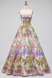 Vestido largo de fiesta rosa floral bordado de corte en línea A sin tirantes
