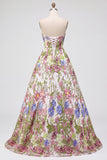 Vestido largo de fiesta rosa floral bordado de corte en línea A sin tirantes