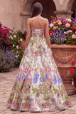 Vestido largo de fiesta rosa floral bordado de corte en línea A sin tirantes