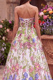 Vestido largo de fiesta rosa floral bordado de corte en línea A sin tirantes
