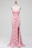 Vestido largo de fiesta rosa con tirantes finos, flores 3D y corte sirena