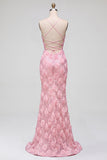 Vestido largo de fiesta rosa con tirantes finos, flores 3D y corte sirena