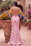 Vestido largo de fiesta rosa con tirantes finos, flores 3D y corte sirena