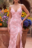 Vestido largo de fiesta rosa con tirantes finos, flores 3D y corte sirena