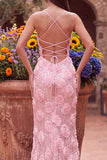 Vestido largo de fiesta rosa con tirantes finos, flores 3D y corte sirena