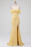 Vestido largo de fiesta amarillo con lentejuelas, corte sirena, hombros descubiertos y abertura