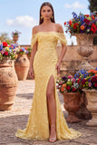 Vestido largo de fiesta amarillo con lentejuelas, corte sirena, hombros descubiertos y abertura