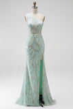 Vestido largo de fiesta verde de corte sirena con cuentas, lentejuelas y diseño de un solo hombro