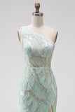 Vestido largo de fiesta verde de corte sirena con cuentas, lentejuelas y diseño de un solo hombro