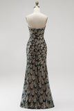 Vestido largo de concurso sin tirantes con cuentas y sin tirantes con lentejuelas de sirena verde oscuro y drapeado de tul desmontable