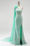 Vestido largo verde de sirena de un hombro con tul adornado con cuentas, flores de tul con cuentas y abertura