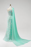Vestido largo verde de sirena de un hombro con tul adornado con cuentas, flores de tul con cuentas y abertura