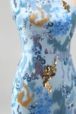 Vestido largo de fin de curso azul sirena con cuentas de un solo hombro y brillante