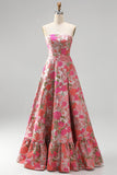 Vestido largo de graduación sin tirantes y abertura floral rojo Jacquard A-Line con volantes y abertura