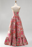 Vestido largo de graduación sin tirantes y abertura floral rojo Jacquard A-Line con volantes y abertura