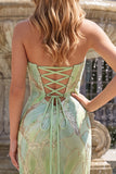 Vestido largo de graduación de fin de curso de sirenas sin tirantes verde menta con lentejuelas