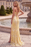 Corsé Sirena amarillo, bordado transparente, vestido largo sin tirantes y abertura