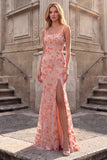 Vestido de graduación largo con tirantes finos de sirena con cuello cuadrado rosa