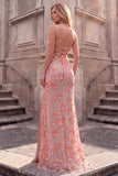 Vestido de graduación largo con tirantes finos de sirena con cuello cuadrado rosa