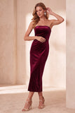 Vestido de fiesta navideña Midi sin tirantes con corte de terciopelo burdeos y corto