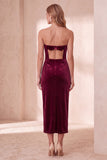 Vestido de fiesta navideña Midi sin tirantes con corte de terciopelo burdeos y corto