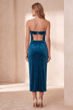 Vestido de fiesta navideña Midi sin tirantes con corte de terciopelo burdeos y corto