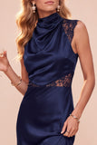 Vestido midi café sin mangas con escote drapeado y detalles de encaje, de corte recto