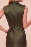 Vestido midi café sin mangas con escote drapeado y detalles de encaje, de corte recto