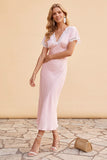 Vestido midi de fiesta de Navidad rosa empolvado con escote en V, mangas y encaje