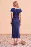 Vestido midi de fiesta de Navidad rosa empolvado con escote en V, mangas y encaje