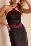 Vestido de invitada de boda de satén negro y verde de corte recto