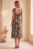 Vestido midi verde de invitada de boda con escote cuadrado y estampado floral
