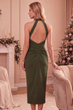 Vestido midi burdeos ajustado con diseño fruncido y bolsillos