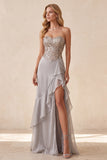 Vestido formal largo en A-Line de Tirantes de lentejuelas plateadas