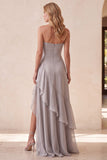 Vestido formal largo en A-Line de Tirantes de lentejuelas plateadas