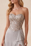 Vestido formal largo en A-Line de Tirantes de lentejuelas plateadas
