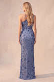 Lentejuelas azul pizarra Vestido formal largo de un hombro fruncido