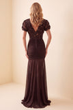 Vestido formal largo marrón de gasa con manga corta corte sirena y escote en V