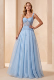 Vestido formal largo azul celeste de lentejuelas corte en A