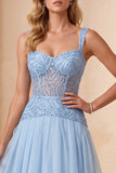 Vestido formal largo azul celeste de lentejuelas corte en A
